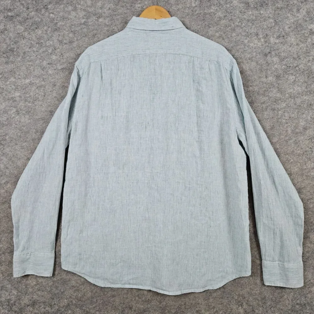 J Crew Green & White Striped Linen/Cotton Size‎ XL Slim Fit Shirt MINOR SNAGS
